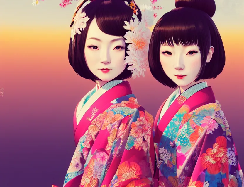 Image similar to two beautiful charming japan female superstar wear arty kimono in festival | | sunny night, festival,, realistic shaded, smile, good looking, hyper details, 4 k realistic, cryengine, realistic shaded lighting poster by ilya kuvshinov, fuji choko, ross tran, 8 k resolution, trending on artstation, luxury