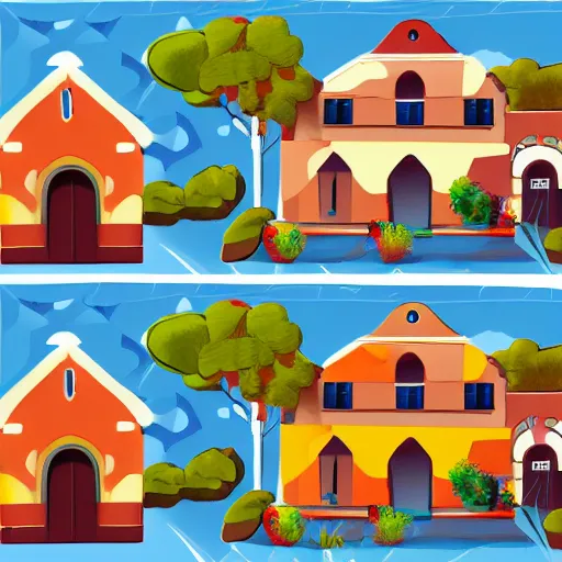 Prompt: A Spanish village. Vector design, Tileable horizontally, Symetric.