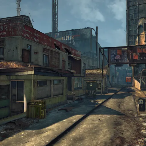 Prompt: Bruges post-nuclear war in Fallout 4, in game screenshot