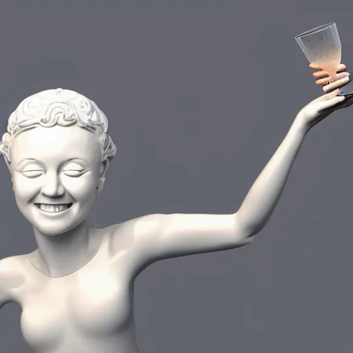 Image similar to a 3 d smiling model of a white marble human head holding a coctail, digital illustration, in the style of leticia gillett, 3 d render, above the waist