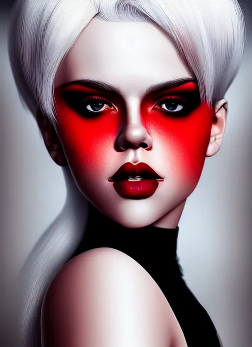 Prompt: photo of kerli koiv with red and white ombre in the style of stefan kostic, realistic, half body shot, sharp focus, 8 k high definition, insanely detailed, intricate, elegant, art by stanley lau and artgerm, foggy backgeound