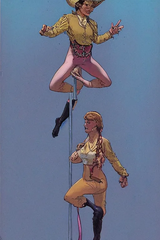Prompt: maria. Smug old west circus acrobat. concept art by James Gurney and Mœbius.
