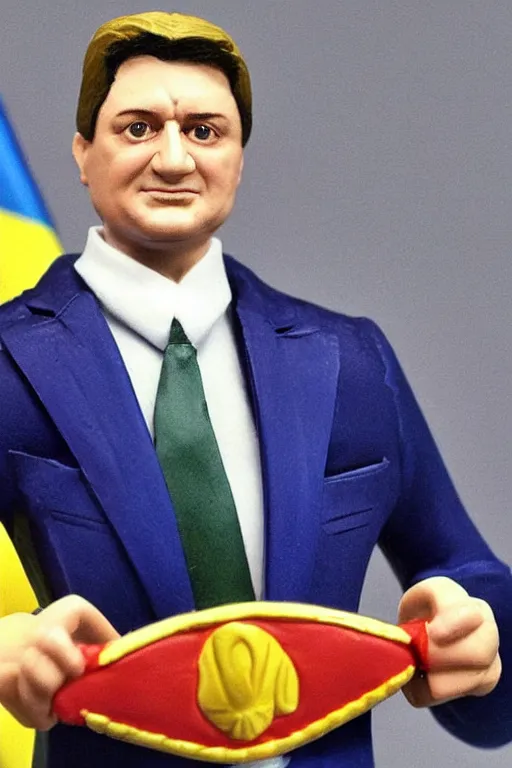 Prompt: [ ukrainian president volodymyr ] zelenskyy as a 1 9 8 0 s wrestling action figure, 🇺🇦,