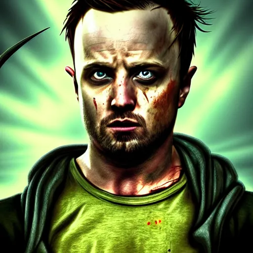 Image similar to Jesse Pinkman, zombie killer, butcher, portrait, fantasy, beautiful face, medieval, vivid colors, elegant, concept art, sharp focus, digital art, Hyper-realistic, 4K, Unreal Engine, Highly Detailed, HD, Dramatic Lighting by Brom, trending on Artstation