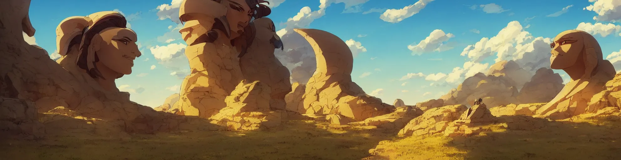 Prompt: A landscape of sphinx statue, Studio Ghibli, sunny sky, animated, anime, illustrated, vibrant, by Greg Rutkowski, dungeons and dragons on artstation