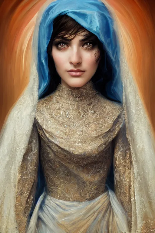 Image similar to ameera al taweel woman , bright blue eyes, wavy black hair, white veil, closeup, cinnamon skin color, elegant, highly detailed, centered, oil painting, artstation, concept art by tom bagshaw