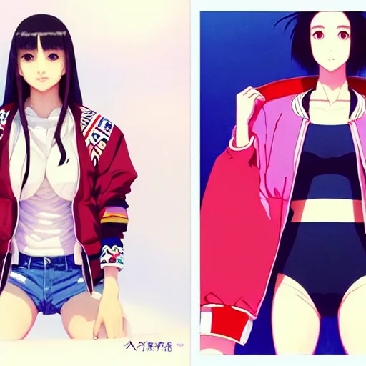 Image similar to a beautiful japanese natalie portman gravure model, wearing oversized native designer bomber jacket and leotard, bulky poofy bomber jacket with mesoamerican patterns, mesoamerican native street fashion, gapmoe yandere grimdark, trending on pixiv fanbox, painted by greg rutkowski makoto shinkai takashi takeuchi studio ghibli, akihiko yoshida