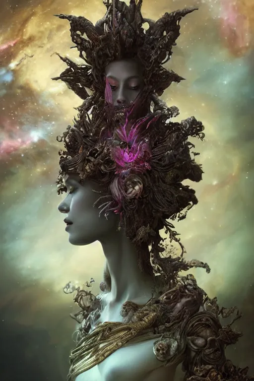 Prompt: mysterious detailed cgi matte painting exotic dark female space empress of the andromeda, by ellen jewett, alessio albi | symmetrical features, kawaii, photorealism, stunning, ornate, royally decorated, organic, growth, whirling gasses, glowing particles, refractive adornments, colorful torn nebulas, radiant vibrant colors