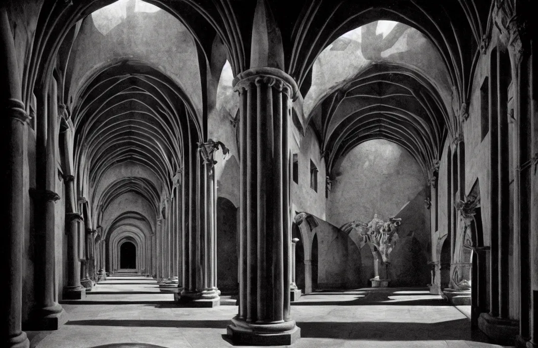 Image similar to cloister quadrangle vertiginous intact flawless ambrotype from 4 k criterion collection remastered cinematography gory horror film, ominous lighting, evil theme wow photo realistic postprocessing sinister knights reversible literal illusion photograph by ansel adams