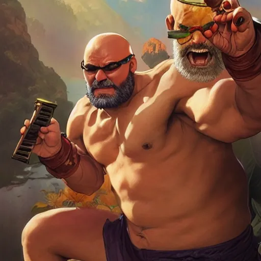 Image similar to david cross as sagat street fighter, wearing one eye patch, 4 k, ultra realistic, detailed focused art by artgerm and greg rutkowski and alphonse mucha