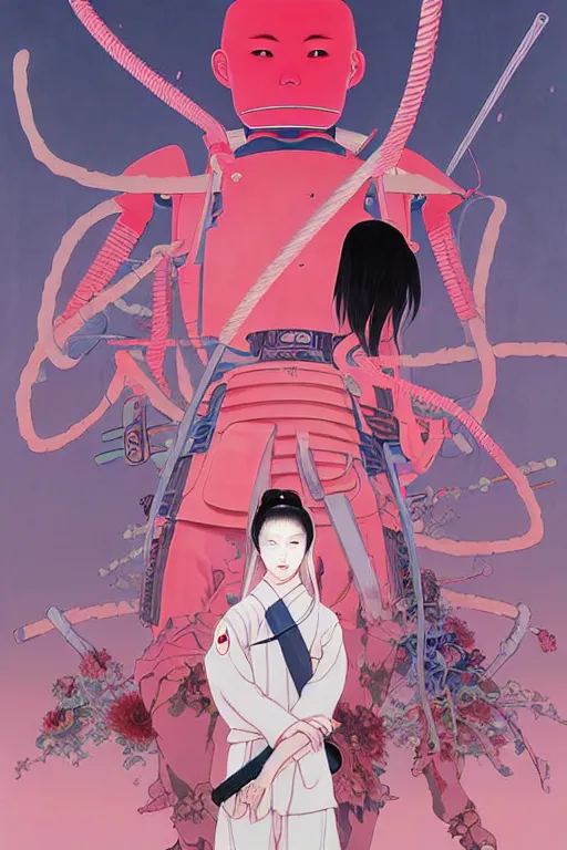 Image similar to Artwork by James Jean, Phil noto and hiyao Miyazaki ; (1) a young Japanese future samurai police lady named Yoshimi battles an (1) enormous evil natured carnivorous pink robot on the streets of Tokyo; Japanese shops and neon signage; crowds of people running; Art work by hiyao Miyazaki, Phil noto and James Jean