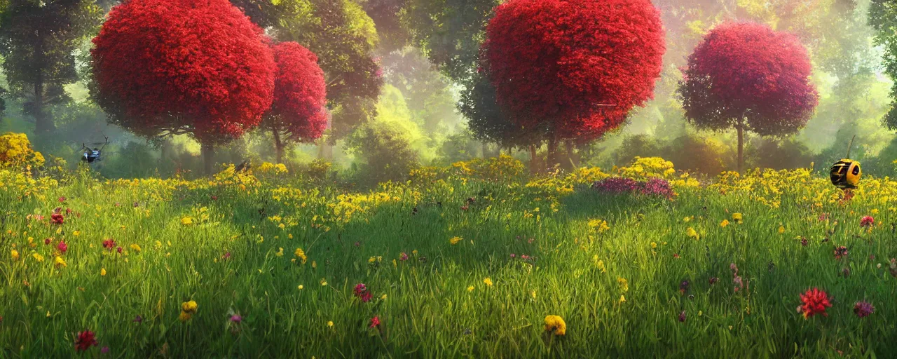 Image similar to a beautiful forest meadow landscape with large bee between flowers, crimson - black beehive, happy trees, photorealistic, octane render, rtx, hdr, unreal engine, digital art widescreen 8 k in the style of studio ghibli and bob ross and pixar and bee movie