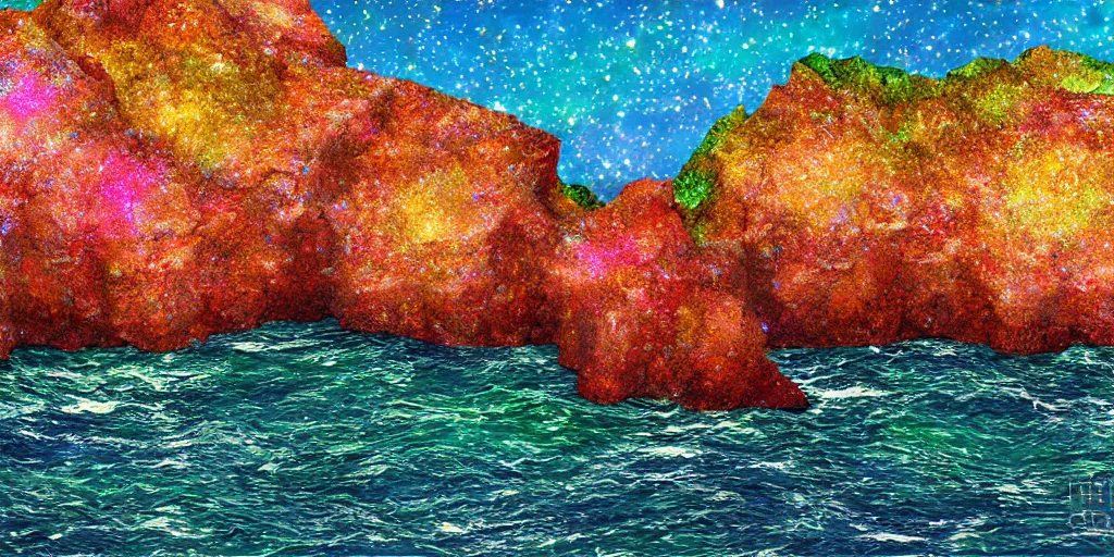 Image similar to glittering multicolored crystal cliffs, viewed from the ocean, high quality digital art,