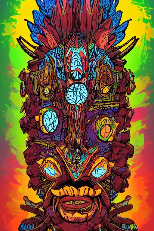 Image similar to animal mask totem roots flower tribal feather gemstone plant wood rock shaman vodoo video game vector cutout illustration vivid multicolor borderlands comics by josan gonzales and dan mumford radiating a glowing aura