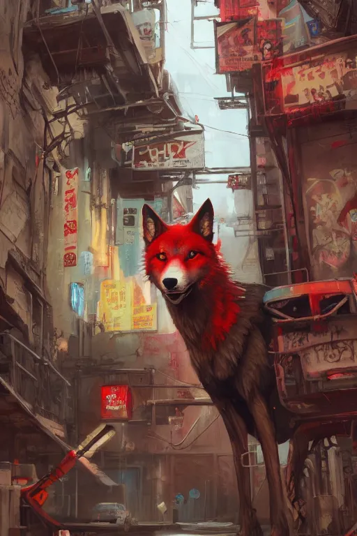 Image similar to graffiti of a red wolf with a mohawk, punk, banksy, brownstone wall, cyberpunk, by studio ghibli, makoto shinkai, by artgerm, by wlop, by greg rutkowski, volumetric lighting, octane render, 4 k resolution, trending on artstation, masterpiece