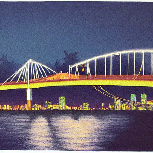 Prompt: night scene of future bridge illustrated by arai yoshimune
