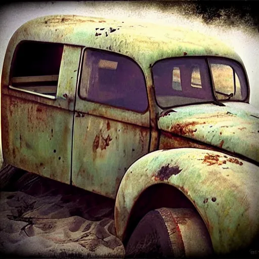 Prompt: classic rusty citroen box-truck on the beach