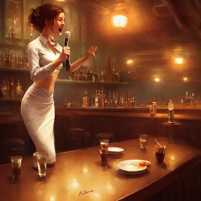 Image similar to a waitress singing on a table in a bar, elegant, real life skin, intricate artwork, high detailed, artstation, concept art, smooth, sharp focus, art by artgerm and greg rutkowski