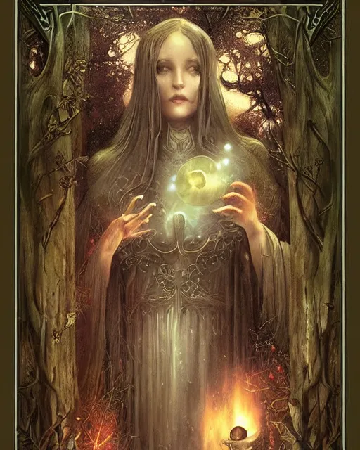 Image similar to tarot card, haunted woods, Art nouveau, by bastien deharme