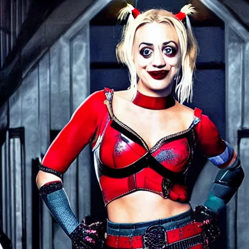 Image similar to A still of Kaley Cuoco as Harley Quinn