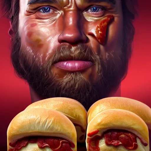 Prompt: portrait of arnold schwarzenegger licking pepperoni rolls, pepperoni culture, west virginia, extra onions and ketchup, luscious patty with sesame seeds, feminine ethereal, delicate fingers, subsurface scattering skin, handsome, D&D, fantasy, intricate, elegant, highly detailed, digital painting, artstation, concept art, matte, sharp focus, illustration, art by Artgerm and Greg Rutkowski and Alphonse Mucha