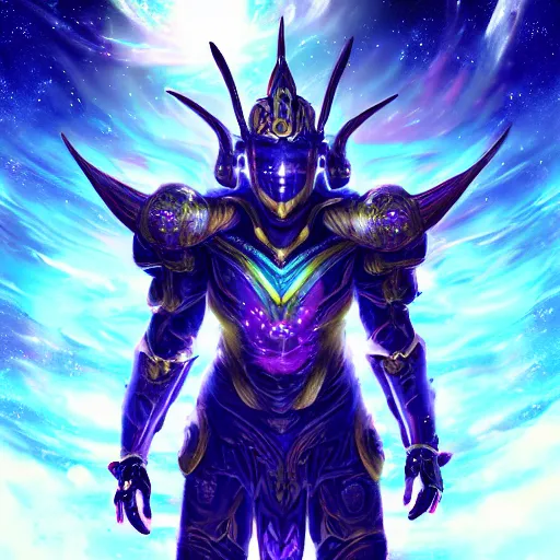 Image similar to photorealistic fantasy cosmic concept art of a cosmic god with armor made out of planets and dark matter, hovering in a unknown galaxy, fully body portrait, cinematic, dynamic lighting, ultra detailed, creative, trending on art station, creative