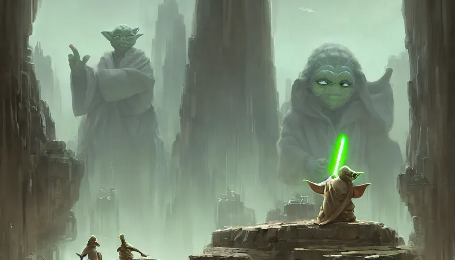 Prompt: Yoda hungover at the jedi council at coruscant, cloee-up shot, details, sharp focus, illustration, by Jordan Grimmer and greg rutkowski, Trending artstation, pixiv, digital Art