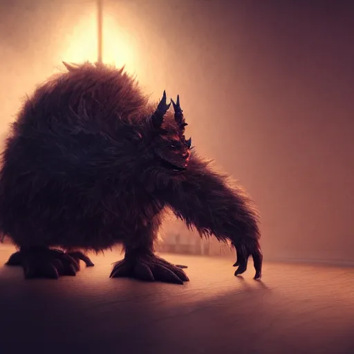 Image similar to full body pose, hyperrealistic photograph of a cute fuzzy goblin monster, dim volumetric lighting, 8 k, octane beautifully detailed render, extremely hyper detailed, intricate, epic composition, cinematic lighting, masterpiece, trending on artstation, very very detailed, stunning, hdr, smooth, sharp focus, high resolution, award, winning photo, dslr, 5 0 mm