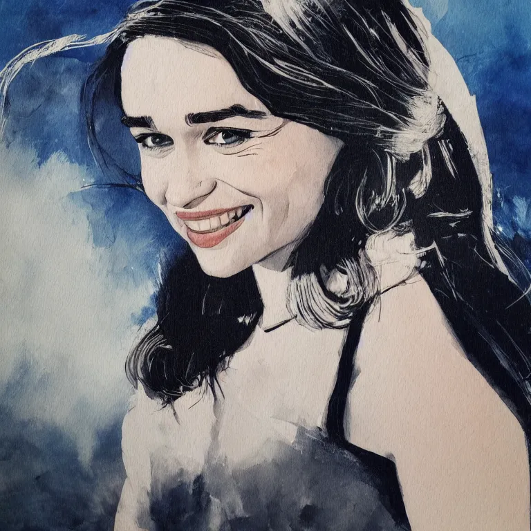 Image similar to an amaze - art painting of emilia clarke using single line in style of geoff slater, amaze art, smiling face