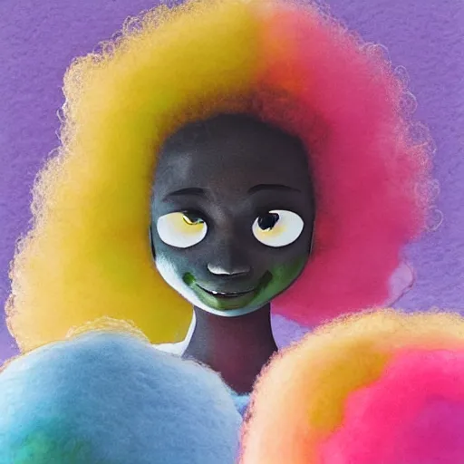 Prompt: a black girl with a colorful afro and big colorful eyes playing in the snow, bright colours, bokeh!! watercolor, volumetric wool felting, macro photography, children illustration, by goro fujita