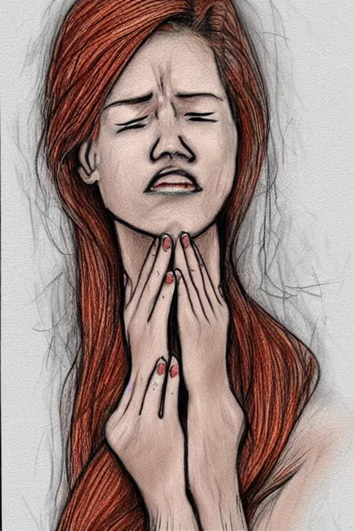 Image similar to woman cryin because toxic relationship, realistic, sketch, colouring and art by jacqueline e