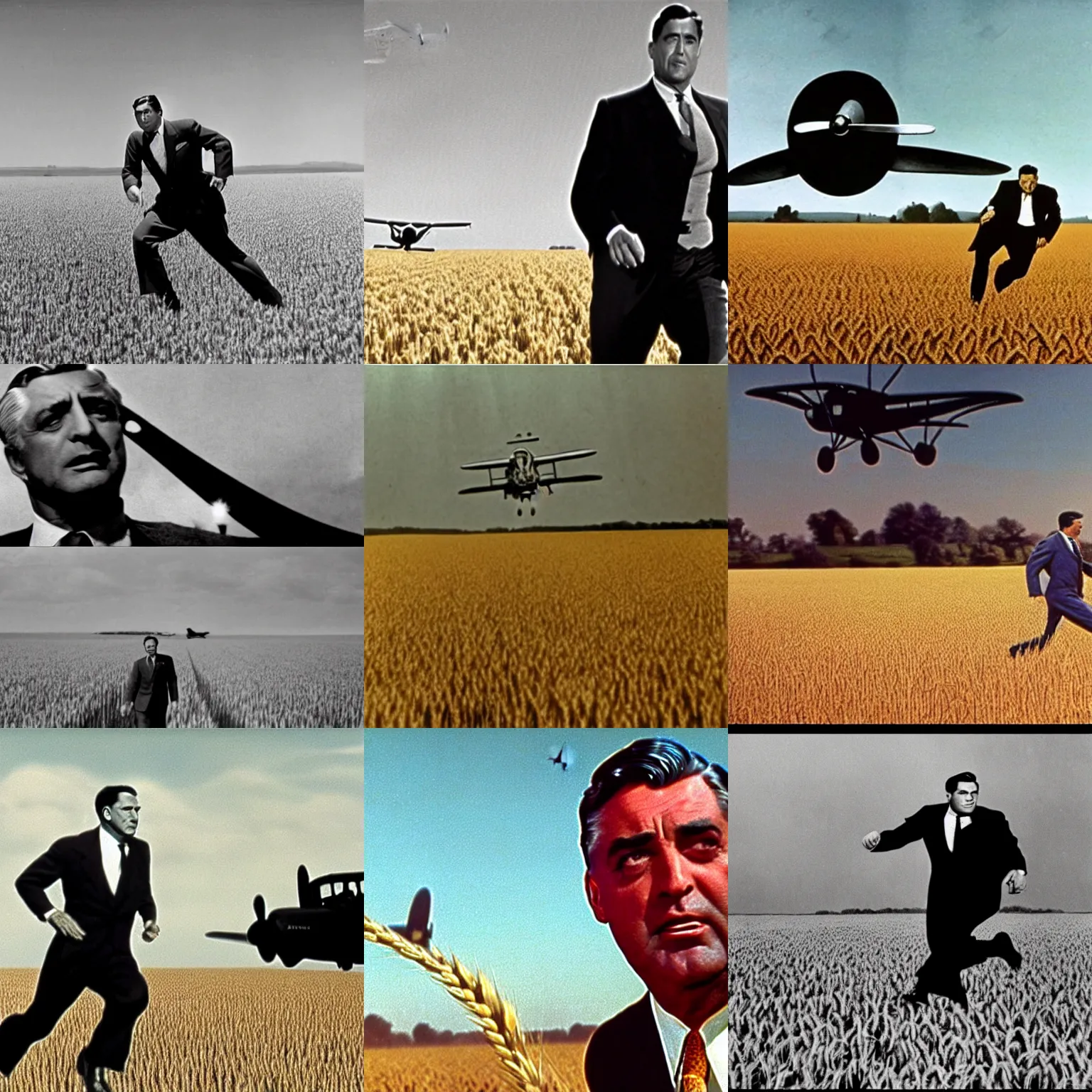 Prompt: scene from a film by hitchcock with a close - up of the face of cary grant running from a plane in a wheat field. in the background, the plane is a biplan with visible propellers and close to the ground. technicolor, 5 0 mm, hyperrealistic, extremely realistic face, highly detailed, highly intricate.
