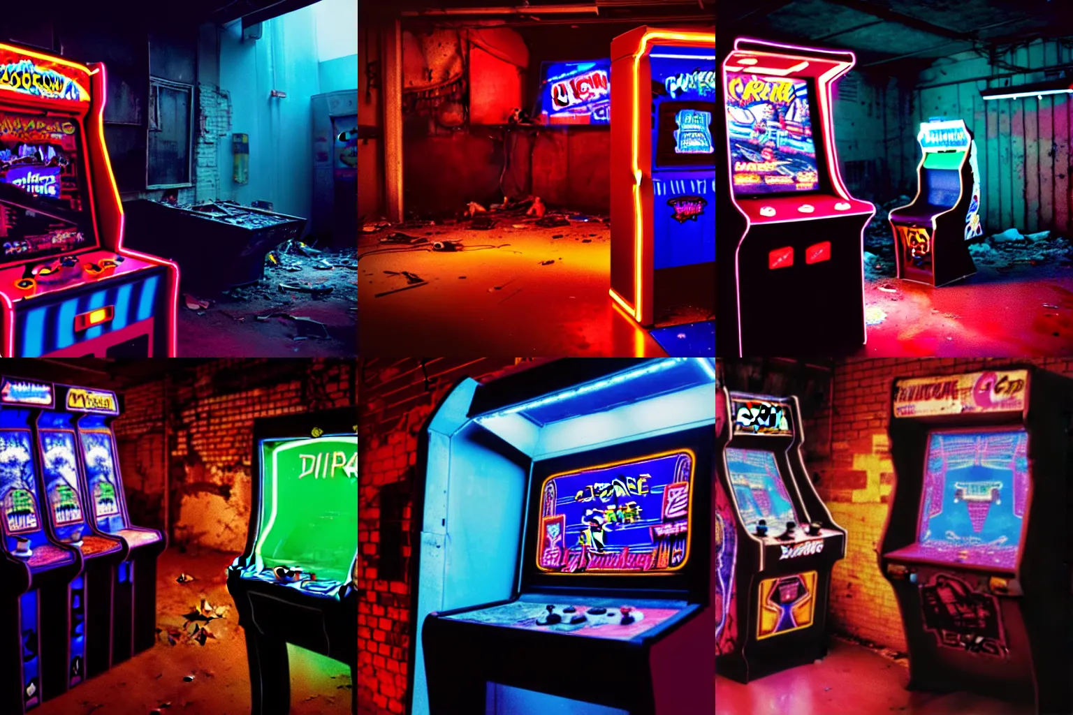 Prompt: an arcade cab from 1984 running a game in a dilapidated cyberpunk warehouse in a crumbling building dangling by the power cord on the edge of a cliff overlooking the ocean, Neon lighting, volumetric lighting, dimly lit, reflective surfaces