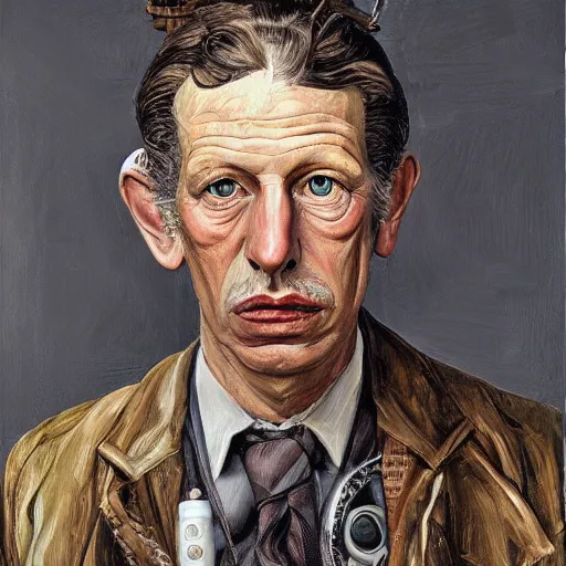 Image similar to high quality high detail painting by lucian freud, hd, portrait of steampunk man, photorealistic lighting