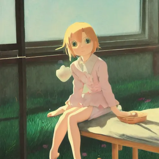 Image similar to little girl, wearing an bunny suit, artwork made by makoto shinkai, inspired in balthus, clean details, light color palette, candy, anatomically proportional, hd