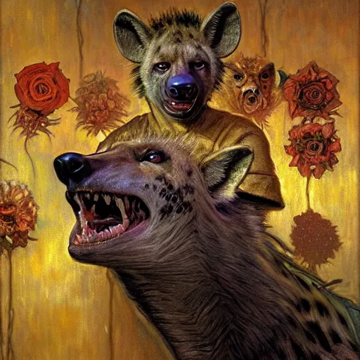 Image similar to portrait of a hyena gnoll as a florist. shadowrun furaffiniy cyberpunk fantasy highly detailed painting by gaston bussiere craig mullins jc leyendecker gustav klimt artgerm greg rutkowski john berkey, bergey, craig mullins, ruan jia, raymond swanland, jeremy mann, tom lovell, alex malveda