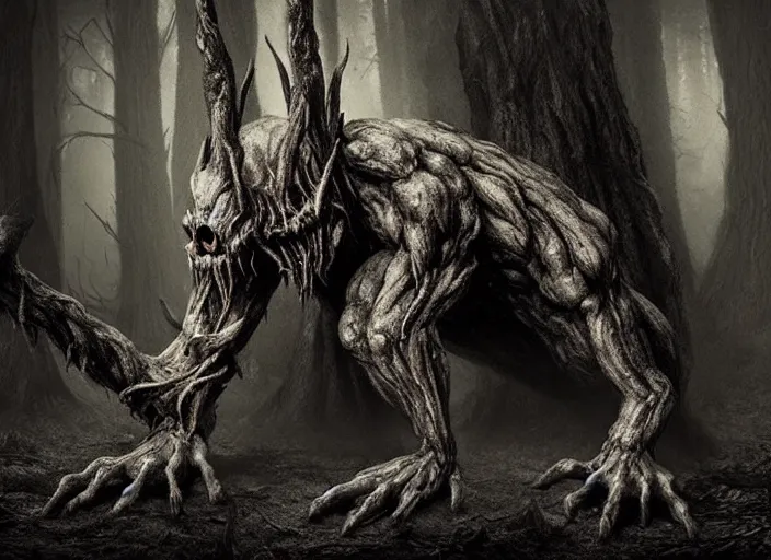 Prompt: an incredibly scary and very very unique monster creature of evil nature, ancient folk legend in the forest, hyperrealistic concept art, extremely creative, sepia photography