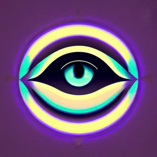 Image similar to logo of eye looking down on city, symmetrical, washed out color, centered, art deco, 1 9 5 0's futuristic, glowing highlights, intense