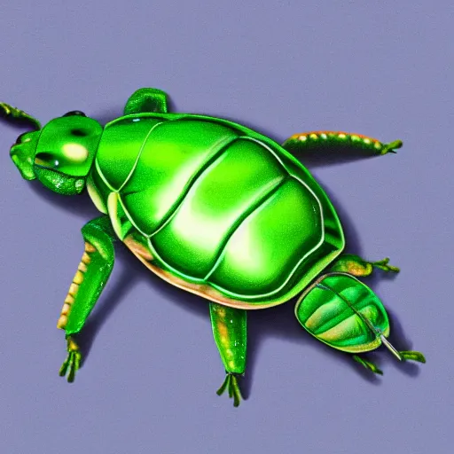 Image similar to hybrid of green beetle and turtle, photorealistic, close - up