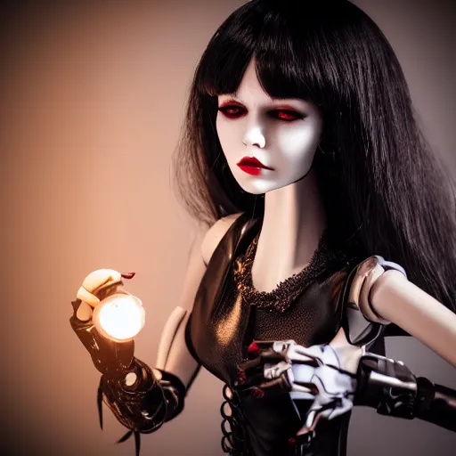 Prompt: lovely realistic robotic high end vampire fashion doll and accessories, on a table under a lamp light shining down over it like a spot light, god rays, dust particles, photorealistic, aesthetic shot, worms eye view, macro camera lens, high definition, thematic, cinematic, lens flare