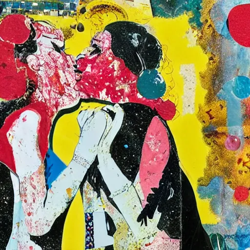 Image similar to two women kissing at a carnival, mixed media collage, retro, paper collage, magazine collage, acrylic paint splatters, bauhaus, abstract claymation, layered paper art, sapphic visual poetry expressing the utmost of desires by jackson pollock