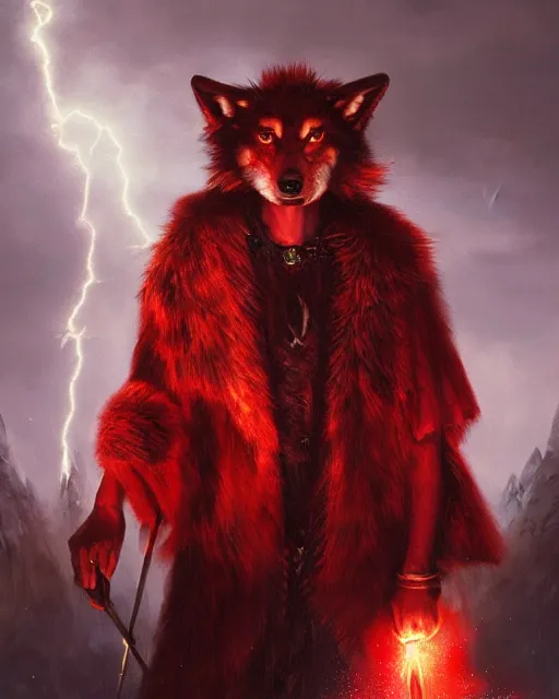 Image similar to oil painting of Anthropomorphized Wolf Shaman holding magical lightning staff, wearing red fur cloak, sharp focus, , magical aura, heroic pose, fantasy style, octane render, volumetric lighting, 8k high definition, by greg rutkowski, highly detailed, trending on art Station, magic the gathering artwork, Lightning storm background, centered