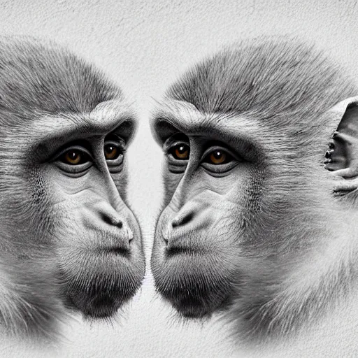 Image similar to two macaques looking at each other inside alien base, digital art, soft shadows, creepy art