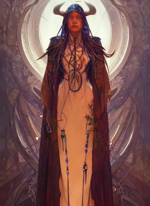 Image similar to portrait of futuristic shaman, fantasy, medieval wear, intricate, elegant, highly detailed, digital painting, artstation, concept art, smooth, sharp focus, illustration, art by artgerm and greg rutkowski and alphonse mucha