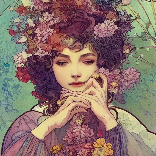 Image similar to a beautiful intricate watercolor illustration of a fairy with flowers, leaves, 4 k, ultra - wide angle, by william turner, by victo ngai, by alphonse mucha, by moebius, by gustave dore, hd, trending on artstation, hyper detailed, muted intense colors