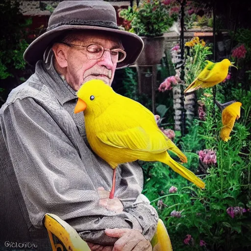 Image similar to “a photograph of an old man with horns hanging out in his garden with a tiny yellow bird on his shoulder.”