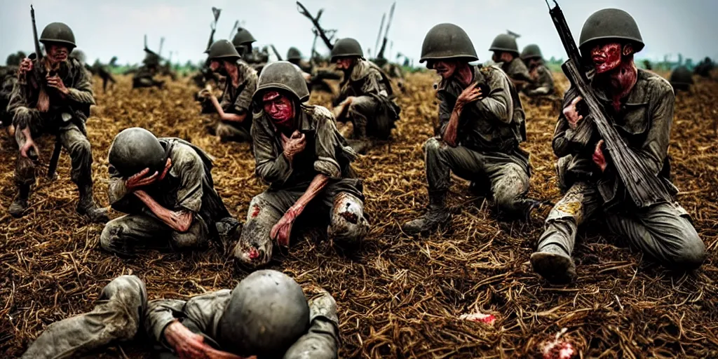 Prompt: exhausted wartorn minions in vietnam, destroyed field, explosions, blood, warzone, war, hyperrealistic, sharp focus, award winning photo