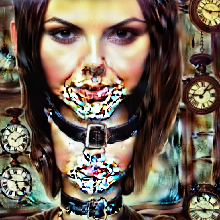 Prompt: bemused to be locked in a leather neck restraint Victoria Justice in a full frame zoom up of her face and neck looking upwards in a room of old ticking clocks, 16K resolution, complex artistic color ink pen sketch illustration, full detail, gentle shadowing, fully immersive reflections and particle effects, concept art by Artgerm, art by Range Murata, art by Studio Ghibli