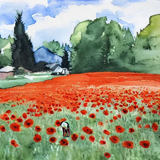 Prompt: manon and gregoire in a poppy field, watercolor