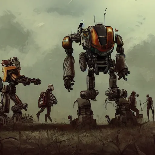 Image similar to a group of people hunting for rogue robots, post - apocalyptic, storybook illustration, high quality, artstation